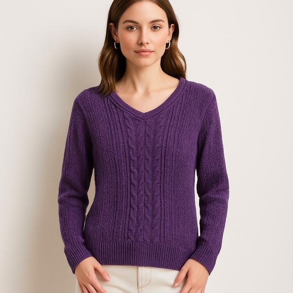 Laura Scott Cable Knit Sweater Size XL Purple V-neck Pullover Lightweight Preppy - Picture 1 of 13